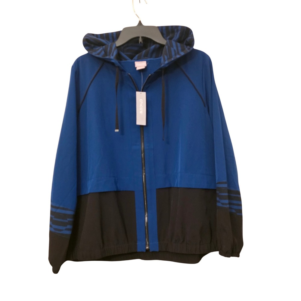 Chico's Zenergy Windbreaker Jacket Blue Black Colorblock Hooded Size 2 New